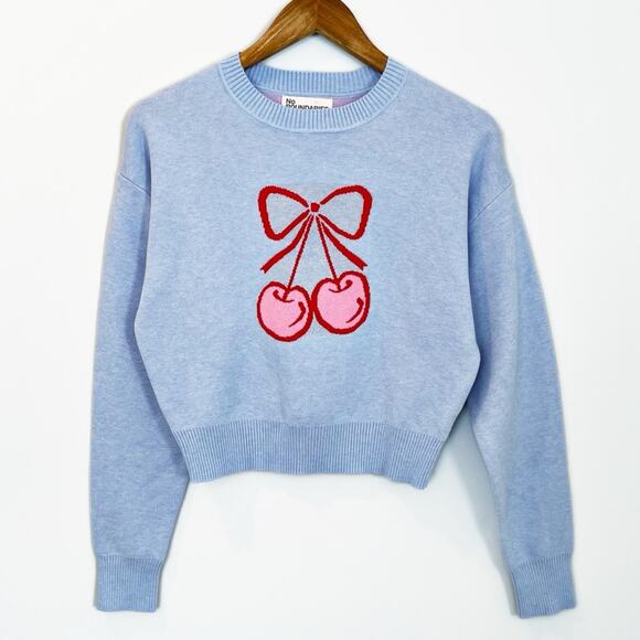 ๐ 3/$10 ๐ No Boundaries Cherry Design Sweater Light Blue Red Size Small - Picture 13 of 13